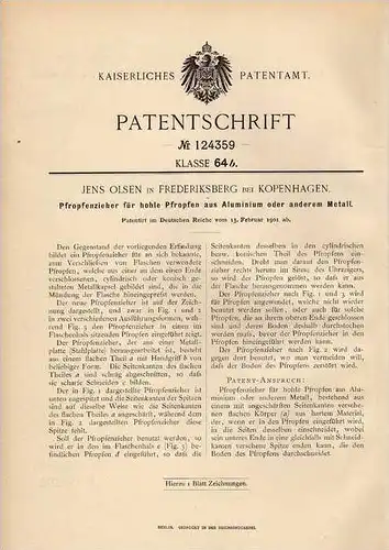 Original Patentschrift - J. Olsen in Frederiksberg b. Kopenhagen , 1901 , Korkenzieher , Pfropfenzieher   !!!