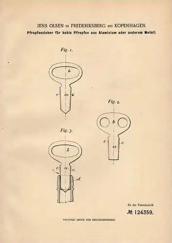 Original Patentschrift - J. Olsen in Frederiksberg b. Kopenhagen , 1901 , Korkenzieher , Pfropfenzieher   !!!