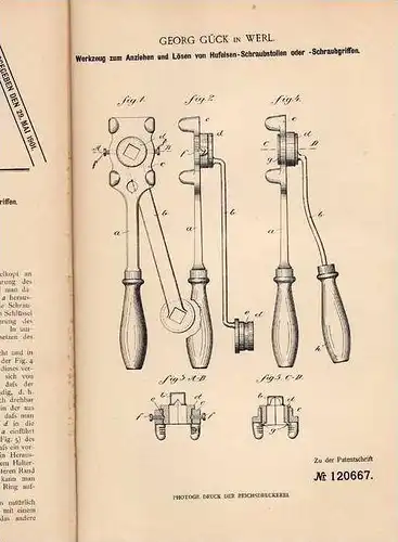 Original Patentschrift - G. Gück in Werl , 1900 , Werkzeug für Hufeisen , Pferd , Pferde , Schmied !!!