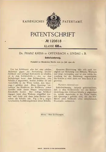 Original Patentschrift - Dr. F. Kress in Opfenbach b. Lindau i.B., 1900 , Schloßsicherung , Schloß , Türschloß !!!
