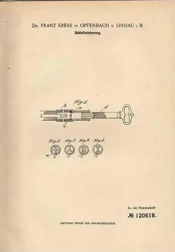 Original Patentschrift - Dr. F. Kress in Opfenbach b. Lindau i.B., 1900 , Schloßsicherung , Schloß , Türschloß !!!