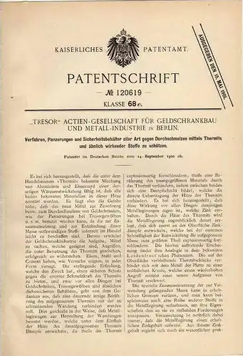 Original Patentschrift - Tresor AG für Geldschrank - Bau in Berlin , 1900 , Panzerung gegen Durchschmelzen , Safe !!!