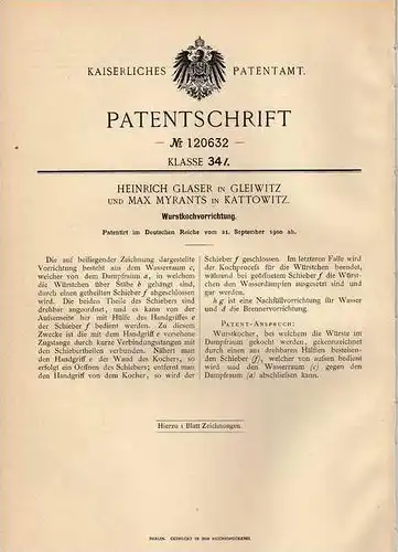 Original Patentschrift - H. Glaser in Gleiwitz und Kattowitz , 1900 , Kocher für Wurst , Würstchen , Bockwurst !!!