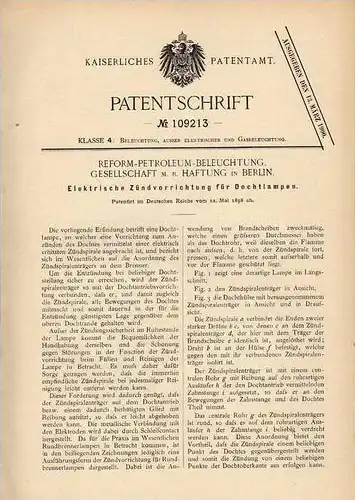 Original Patentschrift - Petroleum Beleuchtuns GmbH in Berlin , 1898 , elektr. Zünder für Dochtlampen !!!