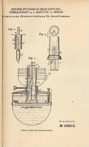 Original Patentschrift - Petroleum Beleuchtuns GmbH in Berlin , 1898 , elektr. Zünder für Dochtlampen !!!