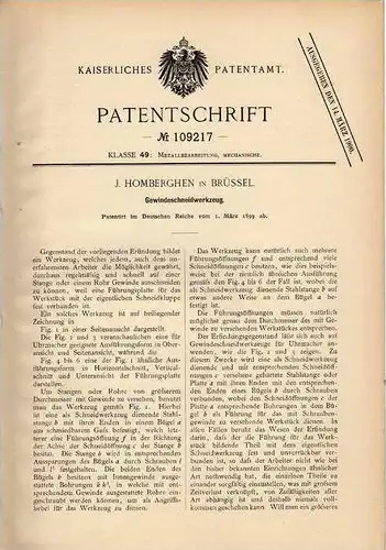 Original Patentschrift - J. Homberghen in Brüssel , 1899 , Gewindeschneider , Gewinde !!!