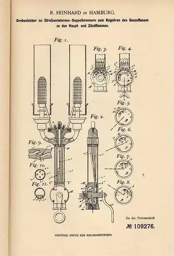 Original Patentschrift - R. Reinhard in Hamburg , 1898 , Straßenlaterne , Laterne , Straßenlampe !!!