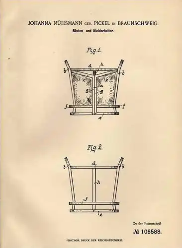 Original Patentschrift - Büstenhalter , BH , 1899 , J. Nühsmann in Brauschweig !!!