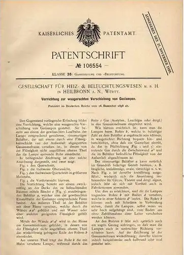 Original Patentschrift - Heiz-& Beleuchtungs GmbH in Heilbronn a.N., 1898 , Verschieben von Gaslampen !!!