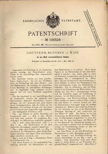 Original Patentschrift - G. Blissmer in Wien , 1898 , Sofa in Bett verwandelbar !!!