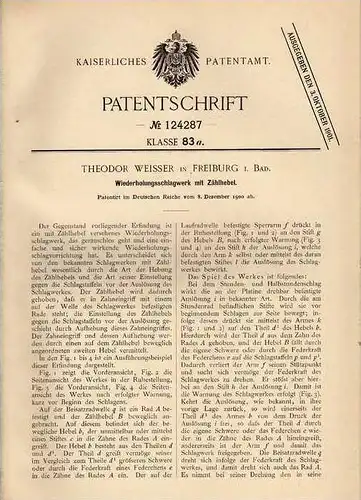 Original Patentschrift - T. Weisser in Freiburg i. Baden , 1900 , Schlagwerk mit Zählhebel , Uhr !!!