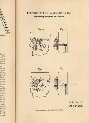 Original Patentschrift - T. Weisser in Freiburg i. Baden , 1900 , Schlagwerk mit Zählhebel , Uhr !!!