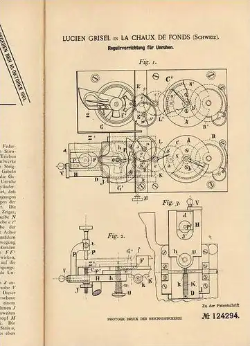 Original Patentschrift - L. Grisel in La Chaux de Fonds , Schweiz , 1900 ,Regulierung für Unruhen v. Uhren , Chronometer