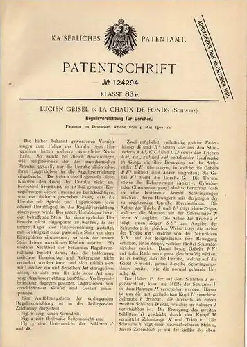 Original Patentschrift - L. Grisel in La Chaux de Fonds , Schweiz , 1900 ,Regulierung für Unruhen v. Uhren , Chronometer