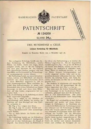 Original Patentschrift - E. Mundhenke in Celle , 1900 , lösbare Verbindung für Möbel !!!