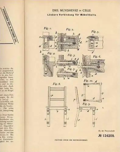 Original Patentschrift - E. Mundhenke in Celle , 1900 , lösbare Verbindung für Möbel !!!