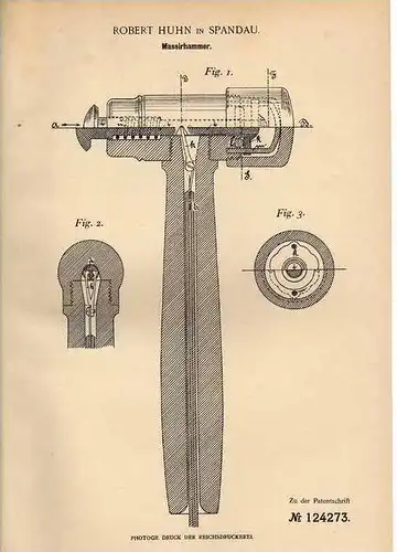 Original Patentschrift - R. Huhn in Spandau , 1900 , Hammer für Massage , Therapie , Gesundheit !!!