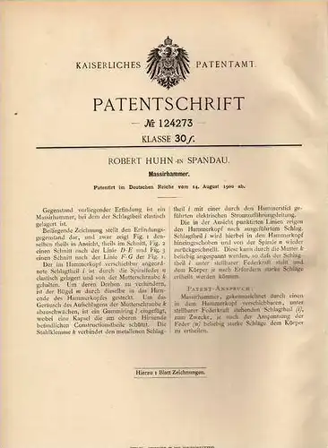 Original Patentschrift - R. Huhn in Spandau , 1900 , Hammer für Massage , Therapie , Gesundheit !!!