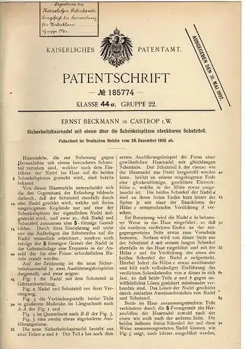 Original Patentschrift - E. Beckmann in Castrop i.W., 1905 , Haarnadel , Haare , Friseur , Frisur !!!