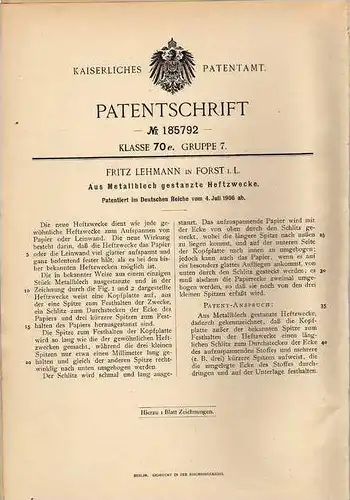 Original Patentschrift - F. Lehmann in Forst i.L., 1906 , Reißzwecke , Heftzwecke , Zwecke !!!