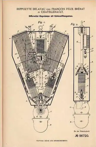 Original Patentschrift - F. Brérat in Chatellerault , 1897 , Differential - Bogenlampe , Lampe !!!