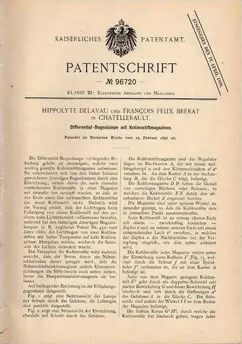 Original Patentschrift - F. Brérat in Chatellerault , 1897 , Differential - Bogenlampe , Lampe !!!