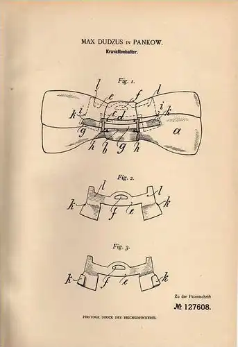 Original Patentschrift - Halter für Krawatte , 1900 , M. Dudzus in Pankow !!!