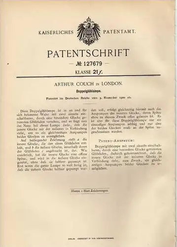 Original Patentschrift - A. Couch in London , 1900 , Doppelglühlampe , Dobble Lamp , Lampe !!!