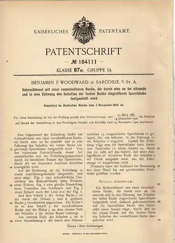 Original Patentschrift - B. Woodward in Sarcoxie , USA , 1905 , Rohrschlüssel , Werkzeug !!!