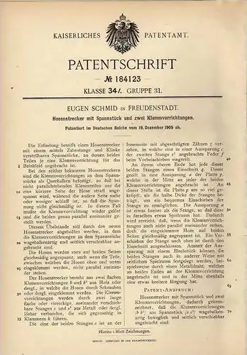 Original Patentschrift - E. Schmid in Freudenstadt , 1905 , Hosenstrecker mit Spannstück , Hosen , Bekleidung !!