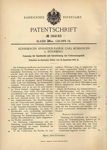 Original Patentschrift - Sparherd Fabrik Nürnberg , 1906 , Kochherd mit Vorwärmung , Herd , Küche !!!