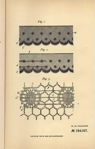Original Patentschrift - Spitze mit Deckmuster , 1906 , F. Creassey in Nottingham , England , Spitzen !!!