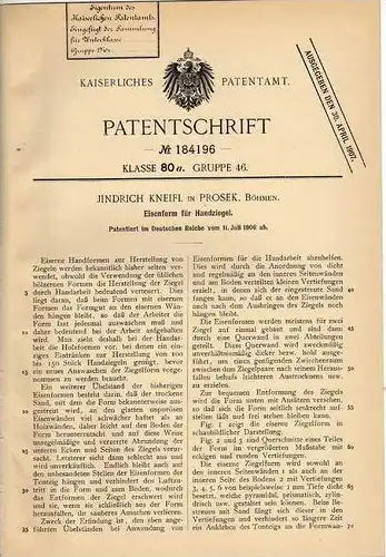 Original Patentschrift - J. Kneifl in Prosek , Böhmen , 1906 , Eisenform für Ziegel , Ziegelei , Dachziegel !!!
