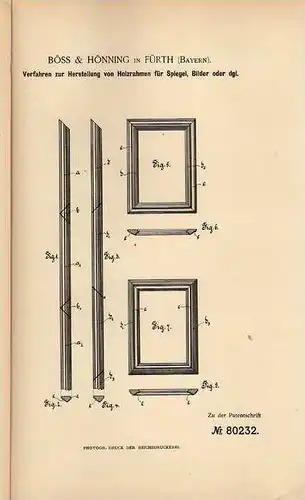 Original Patentschrift - Böss & Hönning in Fürth , 1894 , Bilderrahmen , Rahmen  !!!