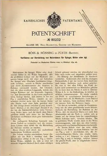 Original Patentschrift - Böss & Hönning in Fürth , 1894 , Bilderrahmen , Rahmen  !!!
