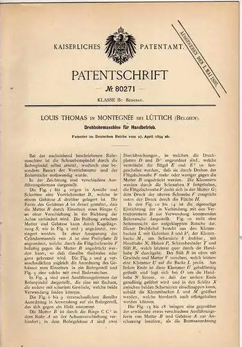 Original Patentschrift - L. Thomas in Montegnée b. Lüttich , 1894 , Bohrmaschine , Bohrer , Bergbau !!!