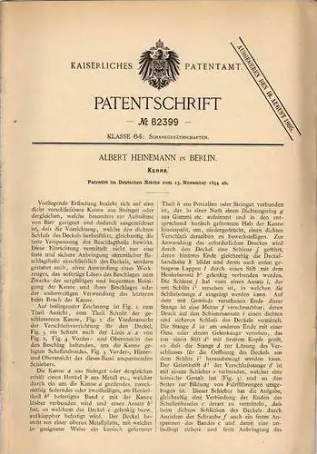 Original Patentschrift - Bierkrug , 1894 , Humpen , Krug , Karaffe , A. Heinemann in Berlin !!!