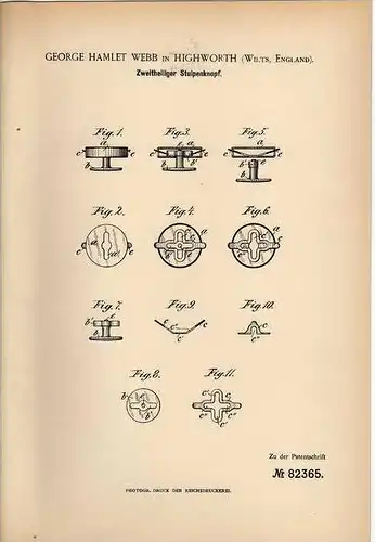 Original Patentschrift - G. Webb in Highworth , England , 1895 , Knopf , Manschetten , Knöpfe  !!!