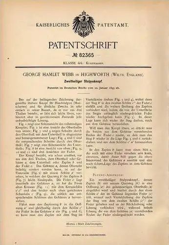 Original Patentschrift - G. Webb in Highworth , England , 1895 , Knopf , Manschetten , Knöpfe  !!!