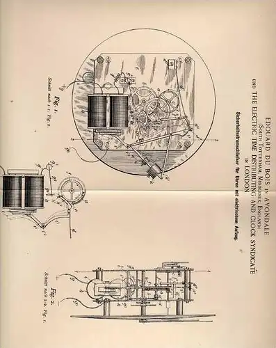 Original Patentschrift - E. du Bois in Avondale und London , 1894 , Uhr mit elektrischem Aufzug , Clock !!!