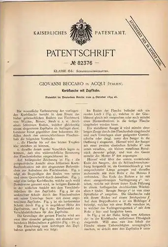 Original Patentschrift - G. Beccaro in Acqui , Italien , 1894 , Korbflasche mit Zapfhahn , Flasche !!!