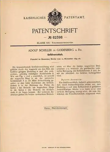 Original Patentschrift - A. Schiller in Godesberg a.Rh., 1894 , Verschluß für Flaschen , Gefäße !!!