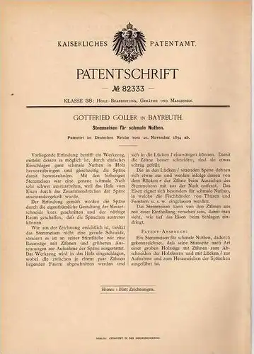 Original Patentschrift - G. Goller in Bayreuth , 1894 , Stemmeisen für Nuthen , Werkzeug !!!