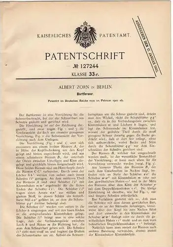 Original Patentschrift - Bartformer , Schnurrbart , 1901 , A. Zorn in Berlin , Bart !!!