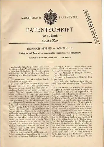 Original Patentschrift - H. Severin in Achern i.B., 1899 , Apparat für Hohlglas , Glas !!!