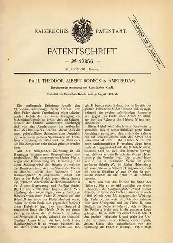 Original Patentschrift - Chronometer , Uhr , 1887 , P. Rodeck in Amsterdam !!!