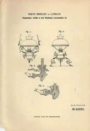Original Patentschrift - S. Biheller in London , 1887 , Hängelampe in Stehlampe verwandelbar !!!