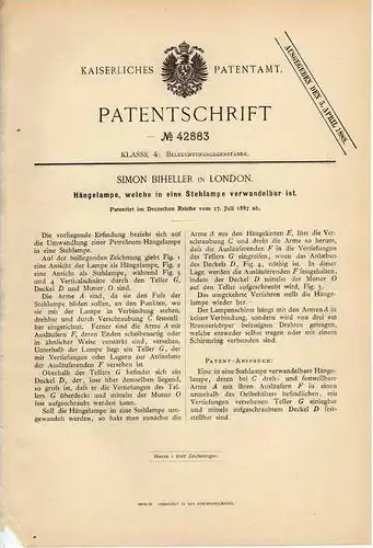 Original Patentschrift - S. Biheller in London , 1887 , Hängelampe in Stehlampe verwandelbar !!!