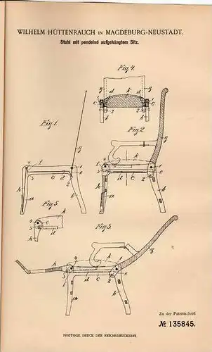 Original Patentschrift - W. Hüttenrauch in Magdeburg - Neustadt , 1901 , Stuhl mit pendelndem Sitz !!!