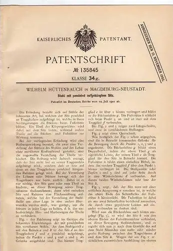 Original Patentschrift - W. Hüttenrauch in Magdeburg - Neustadt , 1901 , Stuhl mit pendelndem Sitz !!!